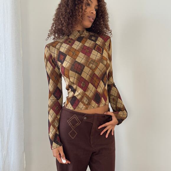 Vintage Euro shimmer argyle mesh-knit fitted long sleeve top (Small) - Picture 1 of 6